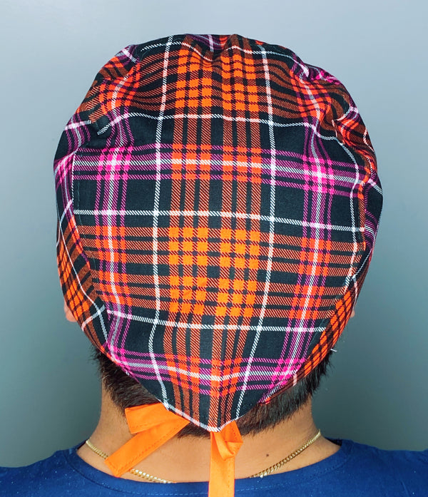 Orange & Pink Plaid Design Unisex Fancy Scrub Cap
