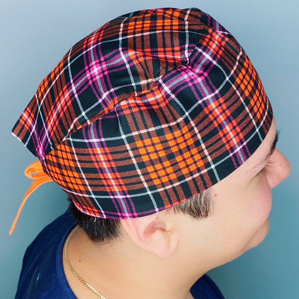 Orange & Pink Plaid Design Unisex Fancy Scrub Cap