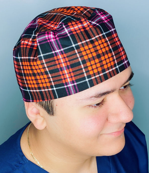 Orange & Pink Plaid Design Unisex Fancy Scrub Cap