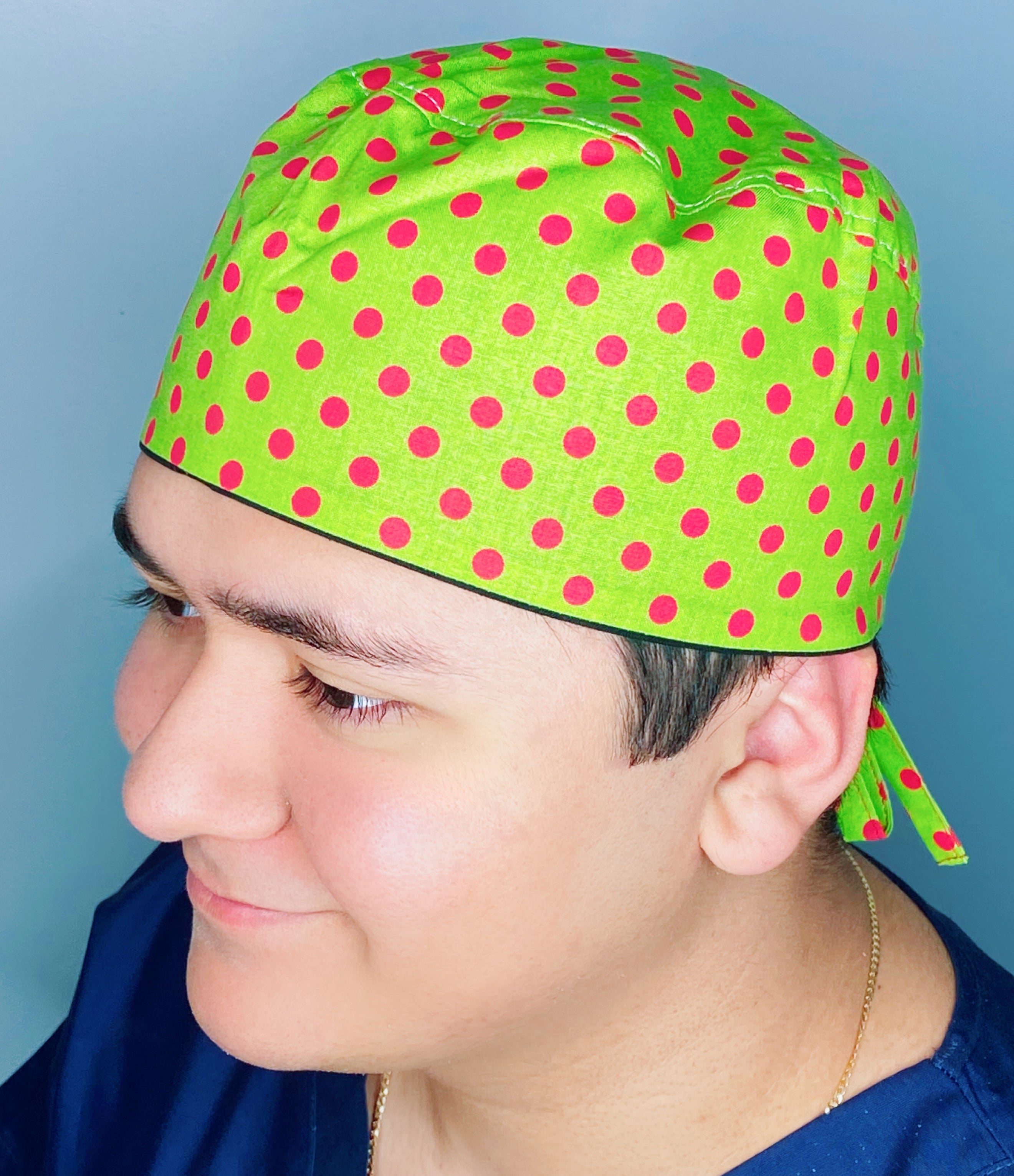 Red Polka Dots on Green Unisex Fancy Scrub Cap
