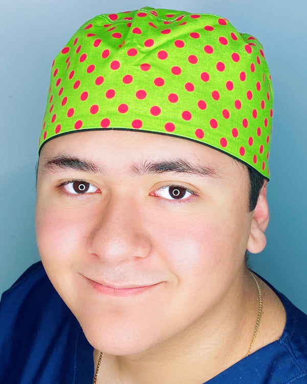 Red Polka Dots on Green Unisex Fancy Scrub Cap