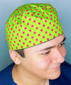 Red Polka Dots on Green Unisex Fancy Scrub Cap