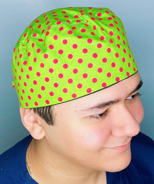 Red Polka Dots on Green Unisex Fancy Scrub Cap