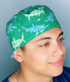 Geometric Sharks on Green Unisex Animal Scrub Cap