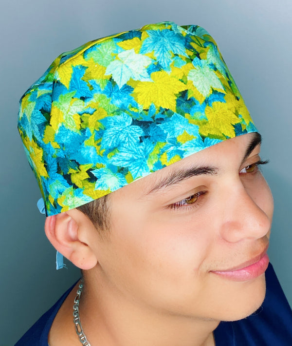 Blue & Green Leaves Floral Design Unisex Cute Scrub Cap