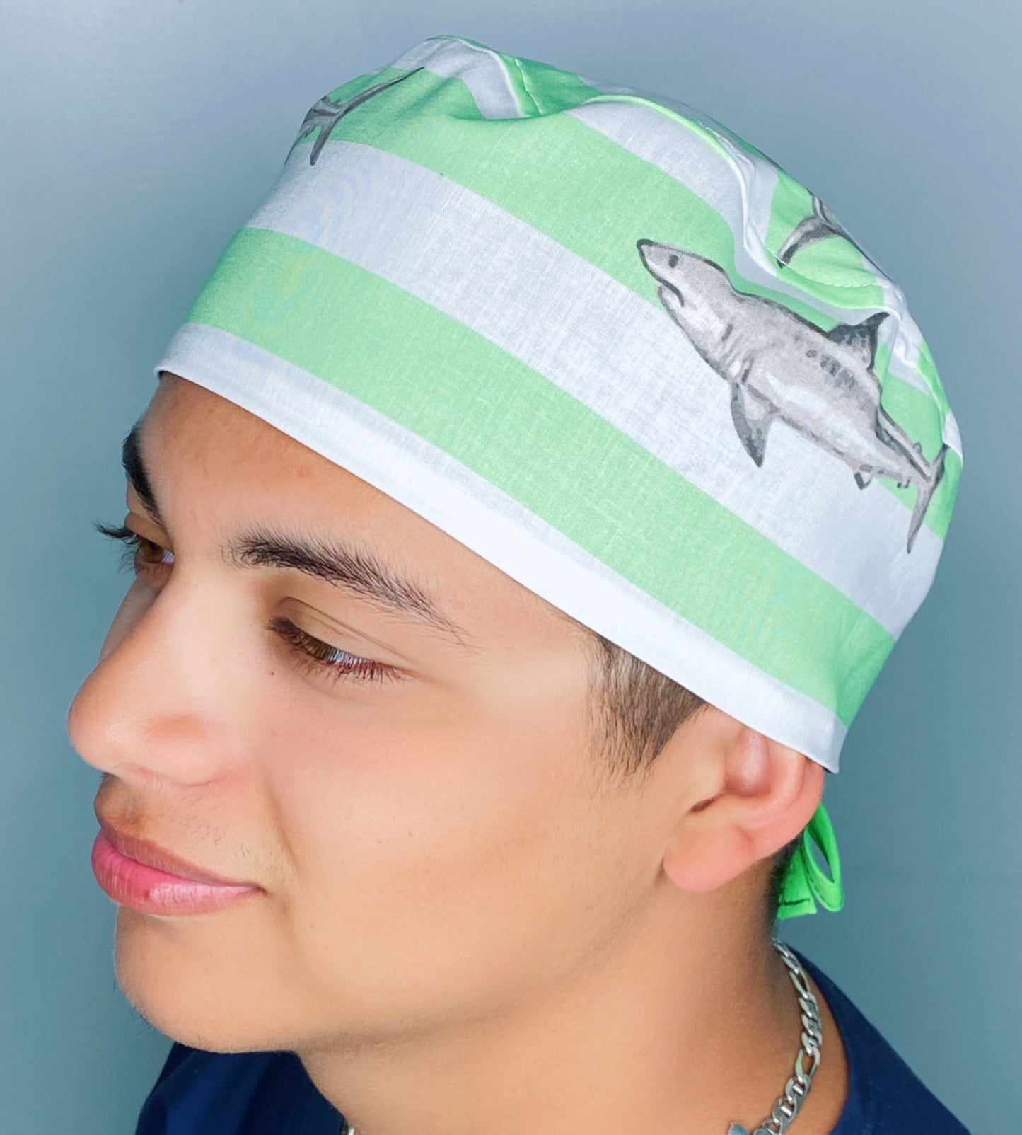Sharks on White & Green Stripes Unisex Animal Scrub Cap