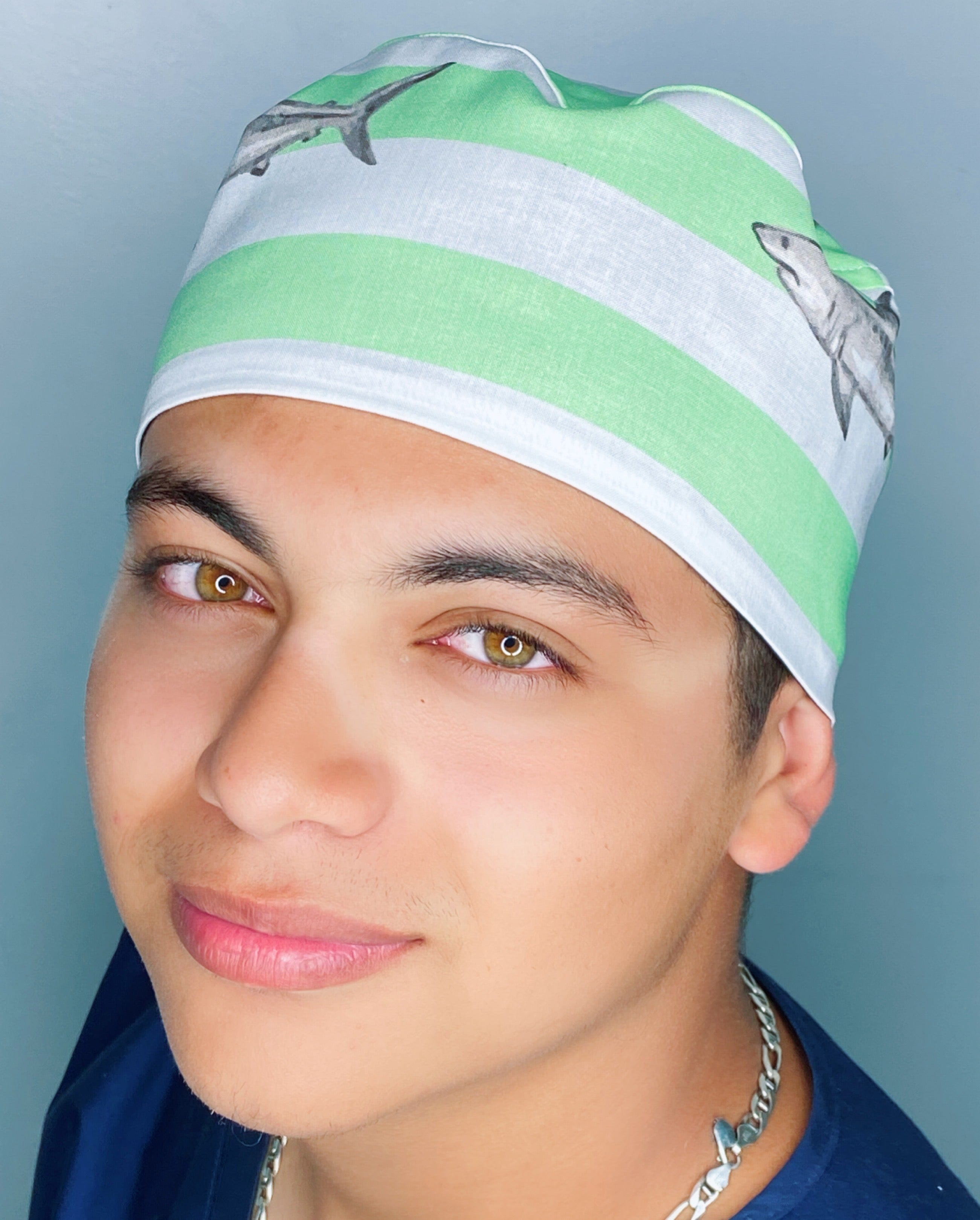 Sharks on White & Green Stripes Unisex Animal Scrub Cap