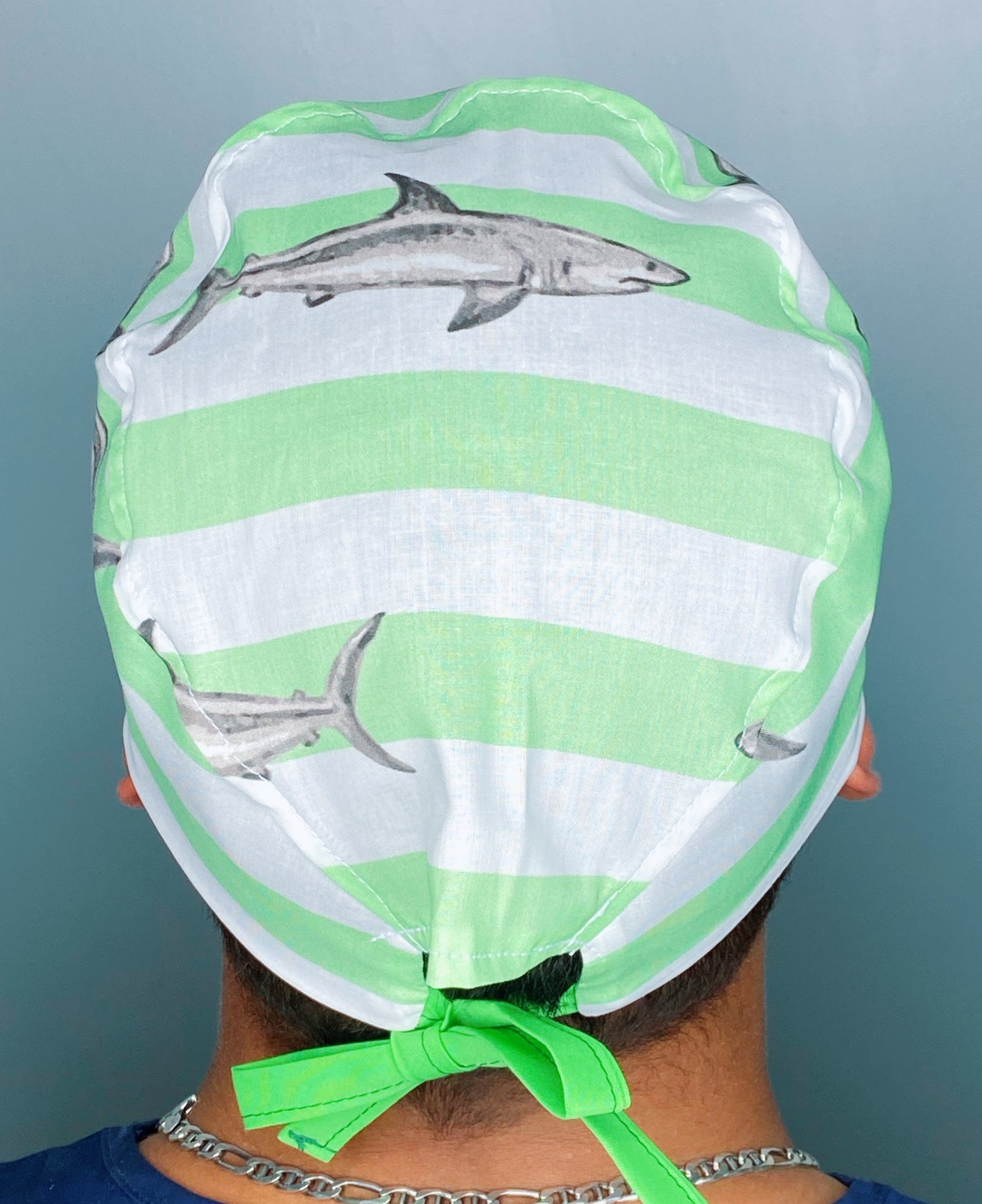 Sharks on White & Green Stripes Unisex Animal Scrub Cap