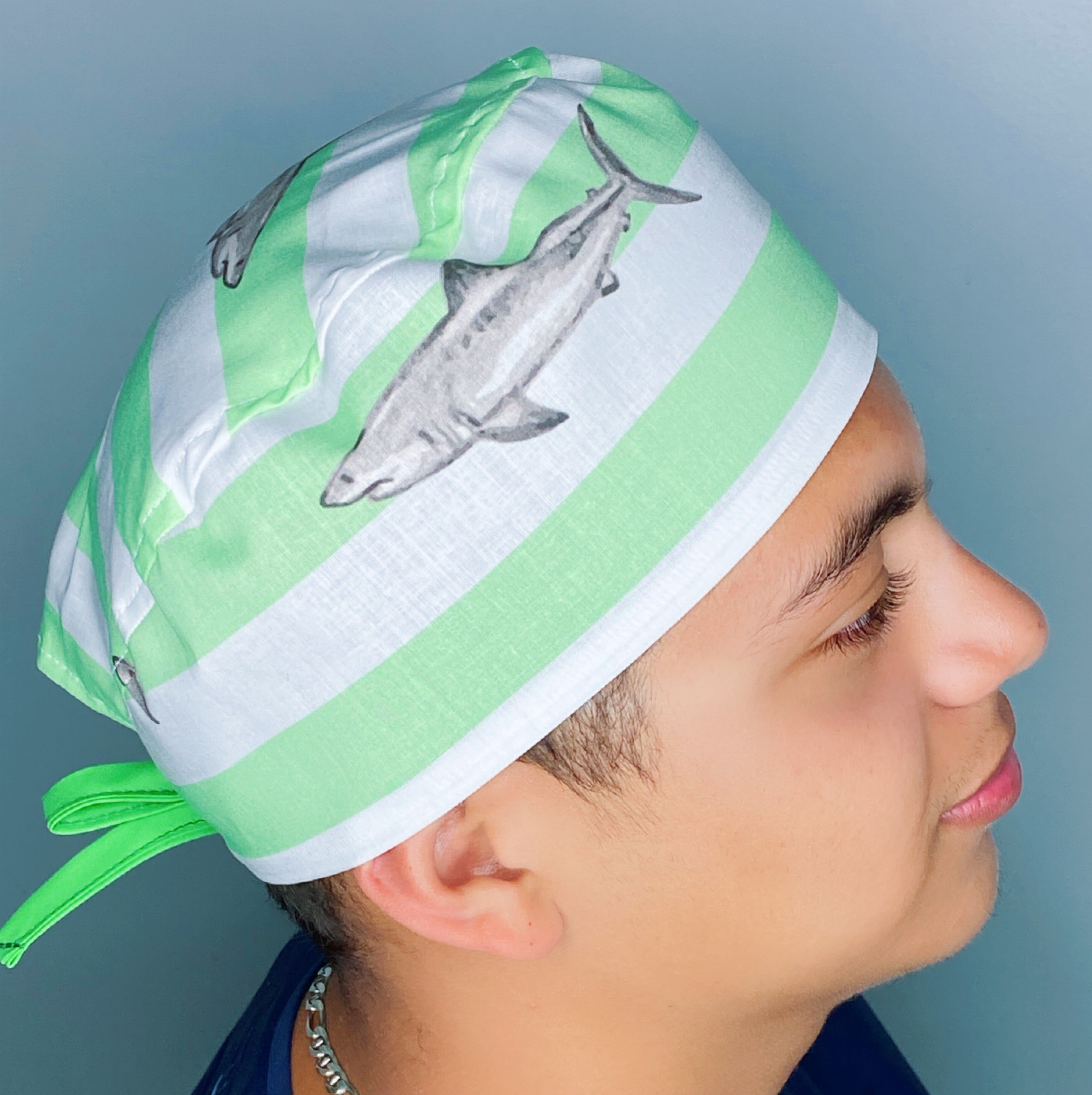 Sharks on White & Green Stripes Unisex Animal Scrub Cap