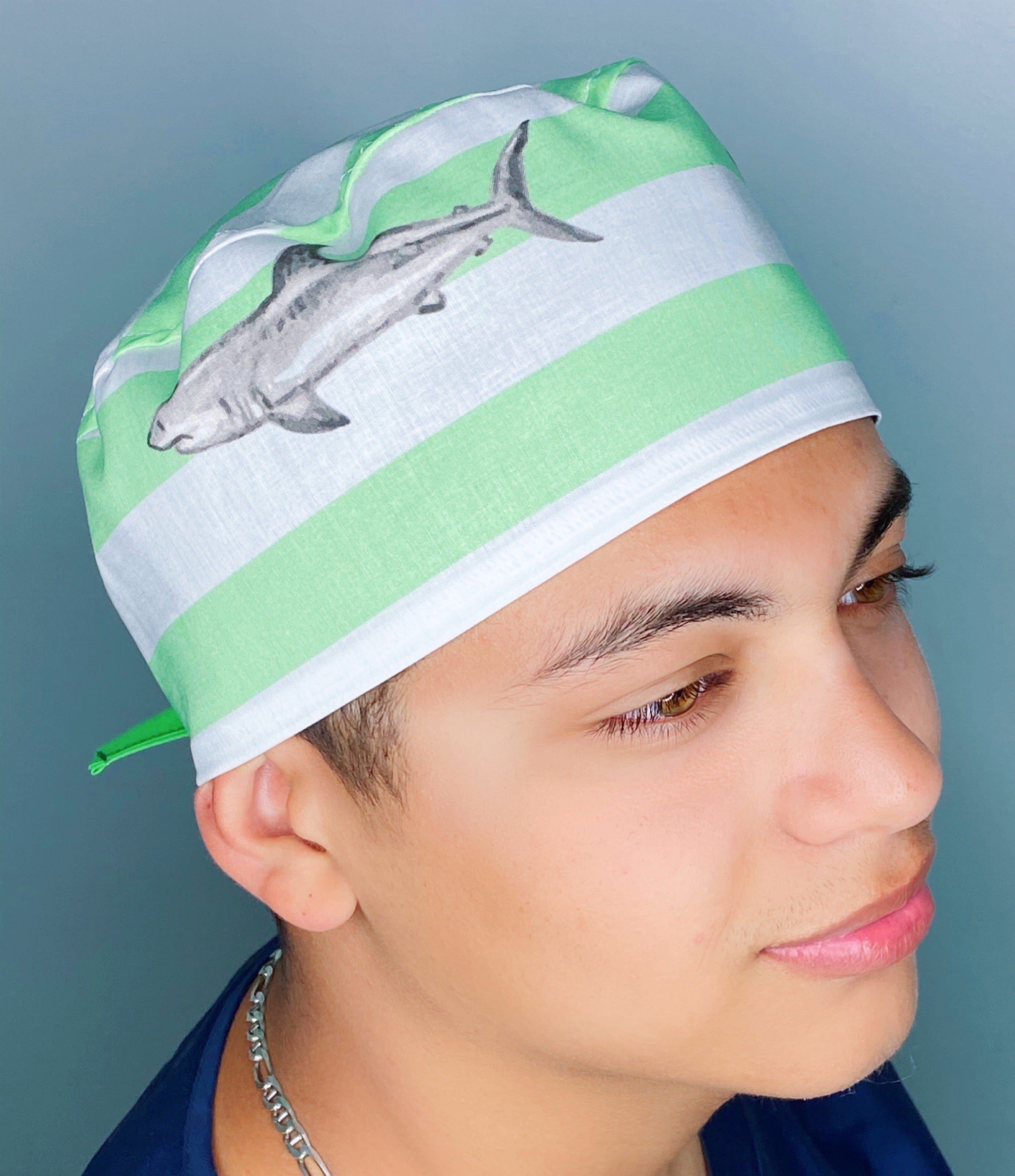 Sharks on White & Green Stripes Unisex Animal Scrub Cap