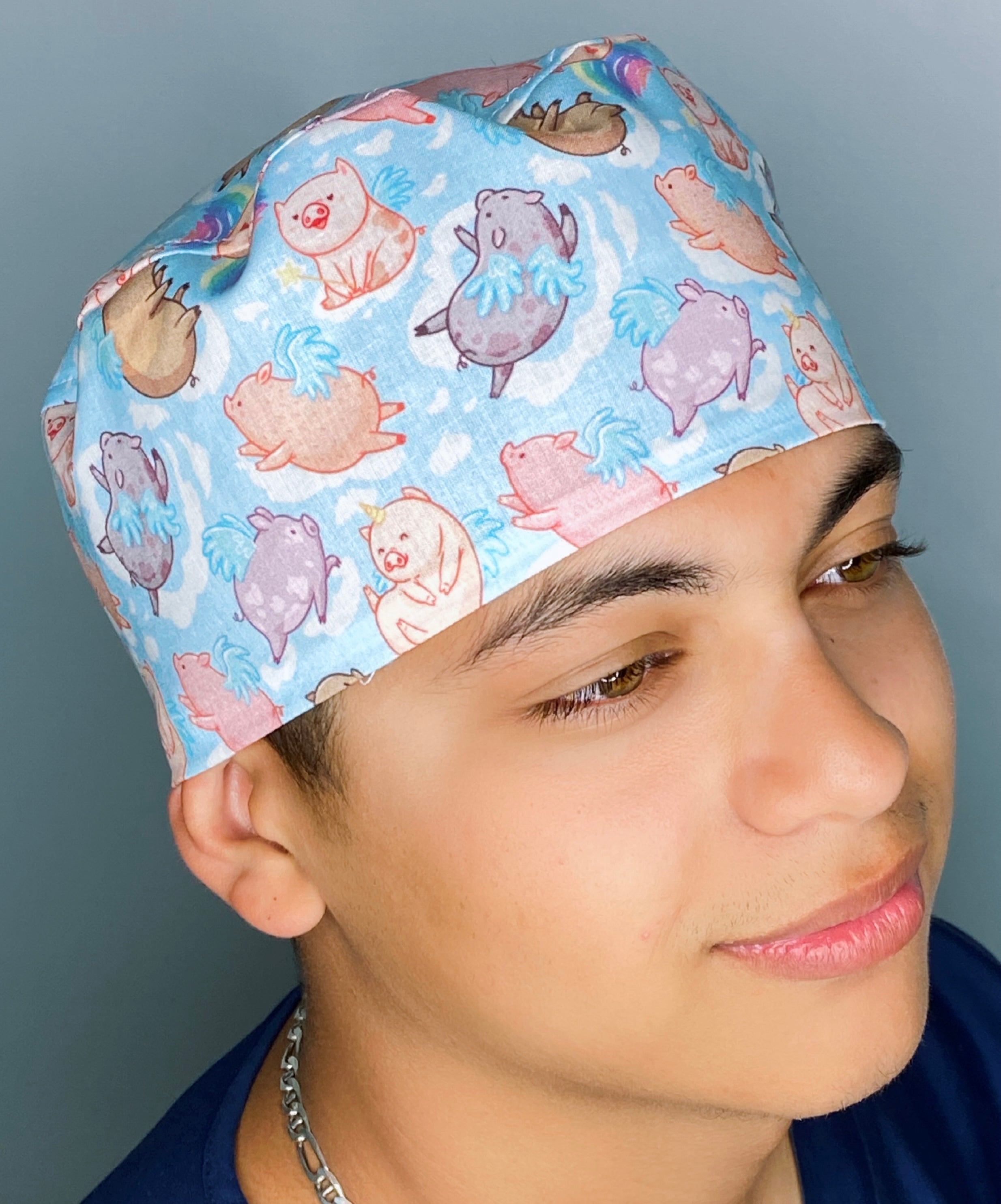 Flying Chunky Pigs on White Unisex Animal Scrub Cap