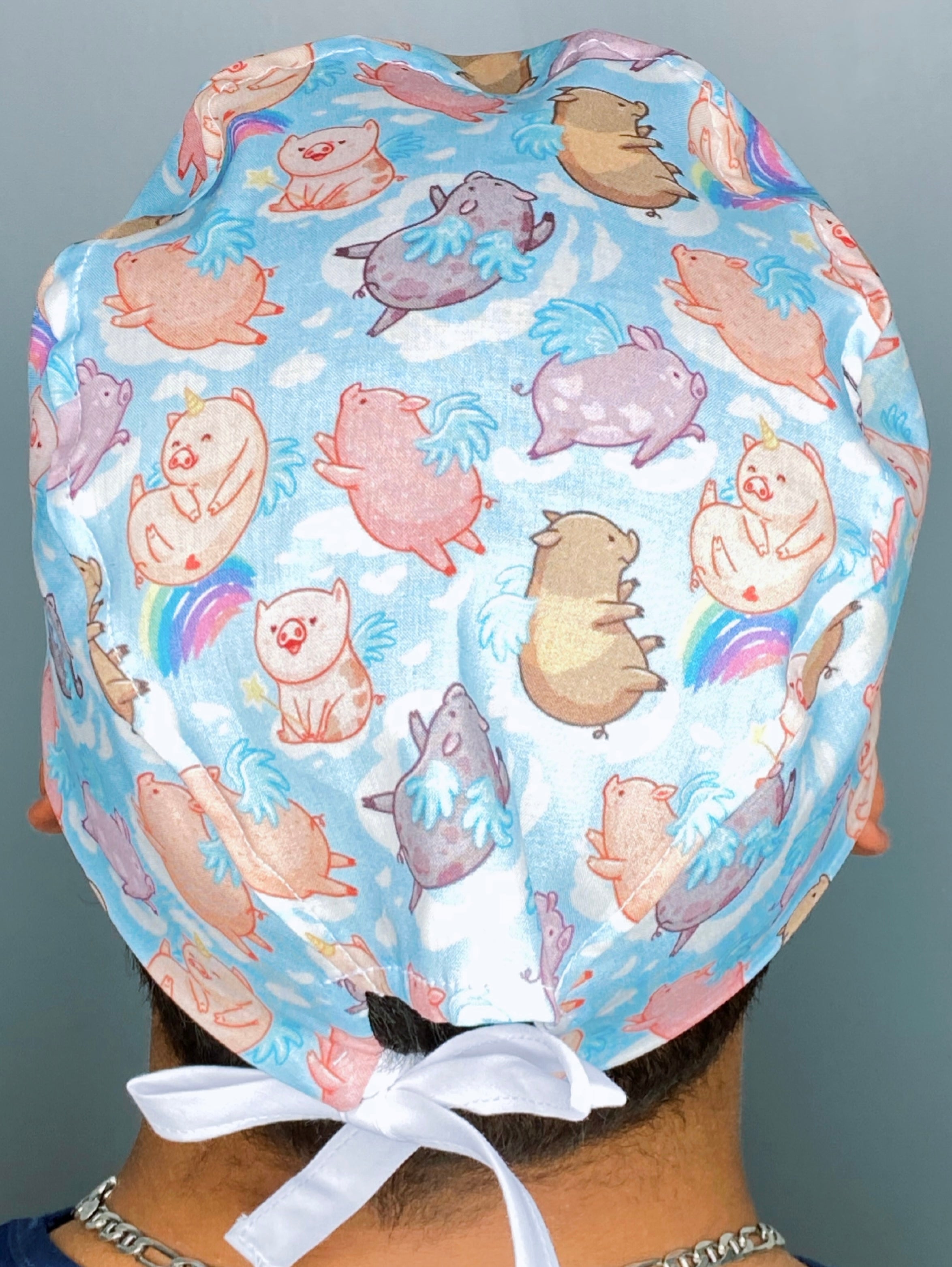 Flying Chunky Pigs on White Unisex Animal Scrub Cap