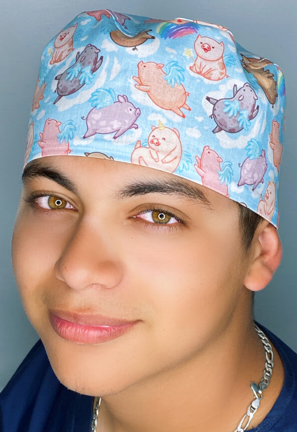 Flying Chunky Pigs on White Unisex Animal Scrub Cap