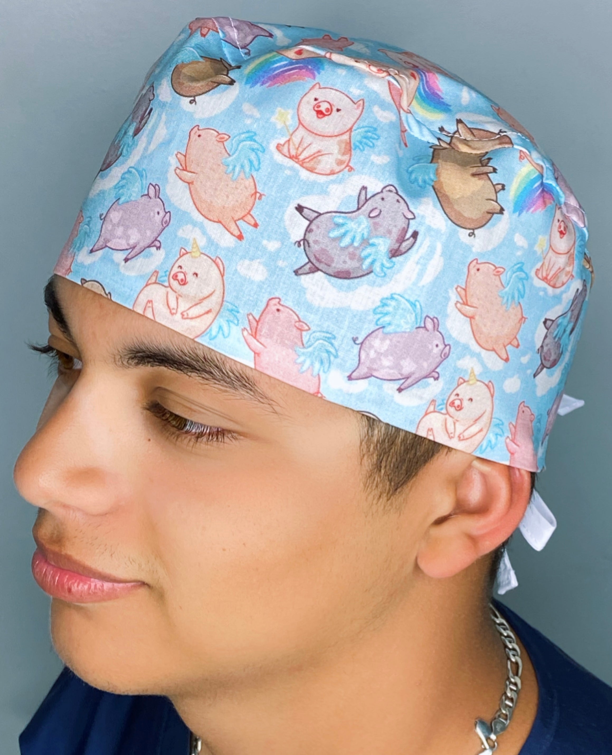 Flying Chunky Pigs on White Unisex Animal Scrub Cap