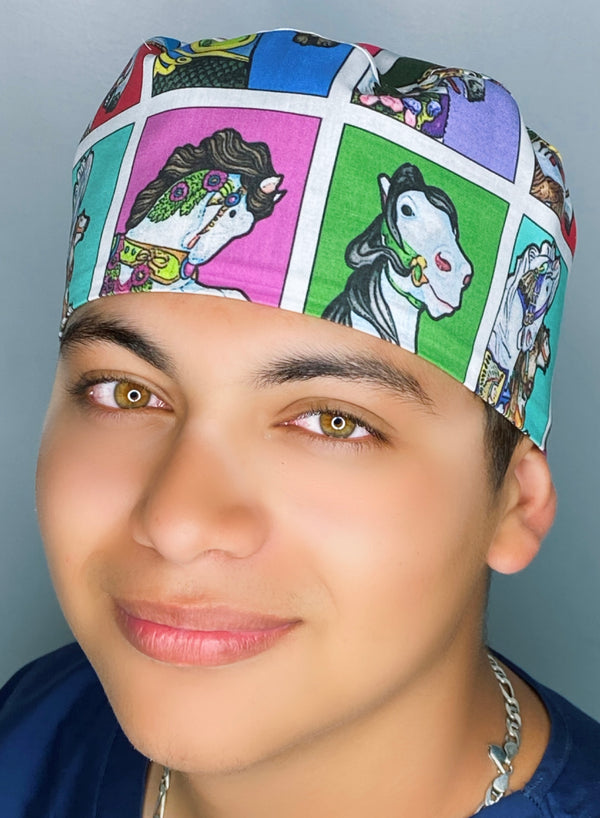 Colorful Carousel Horses Unisex Animal Scrub Cap