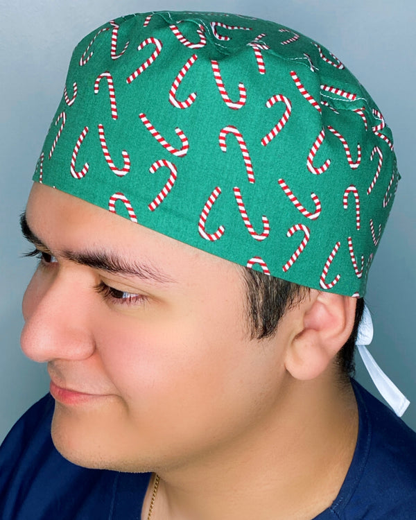 Candy Canes on Green Christmas/Winter themed Unisex Holiday Scrub Cap