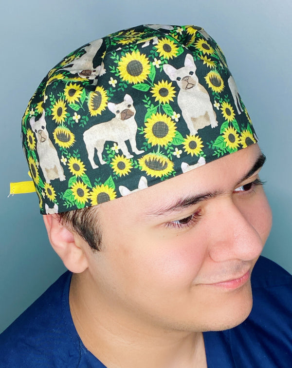 Frenchies & Sunflowers Unisex Animal Scrub Cap
