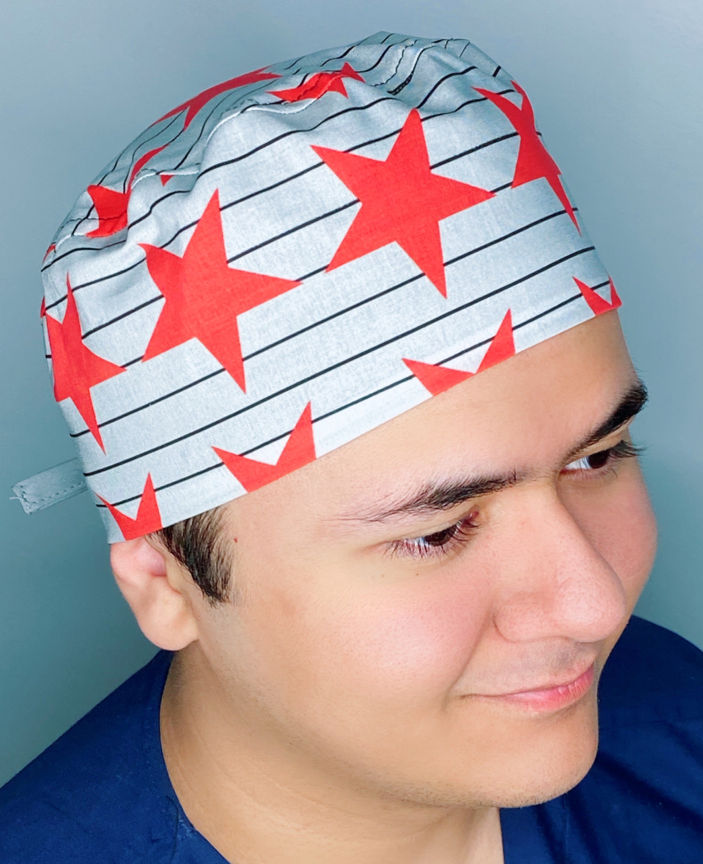 Red Stars on Black Stripes Unisex Fancy Scrub Cap