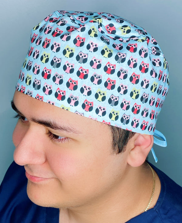Small Colorful Owls on Blue Unisex Animal Scrub Cap