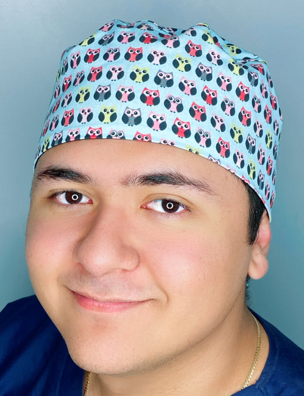 Small Colorful Owls on Blue Unisex Animal Scrub Cap