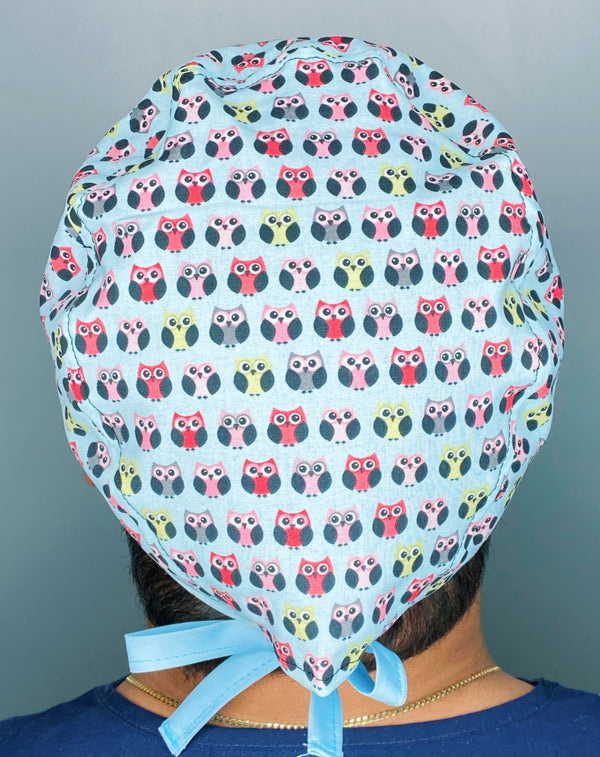 Small Colorful Owls on Blue Unisex Animal Scrub Cap