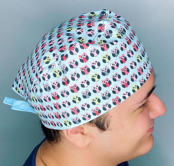 Small Colorful Owls on Blue Unisex Animal Scrub Cap