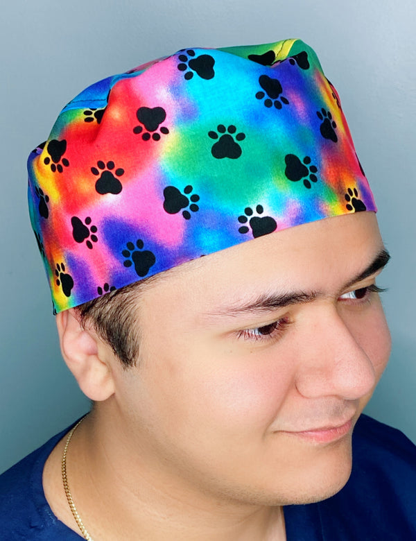 Black Paws on Colorful Tie Dye Unisex Animal Scrub Cap