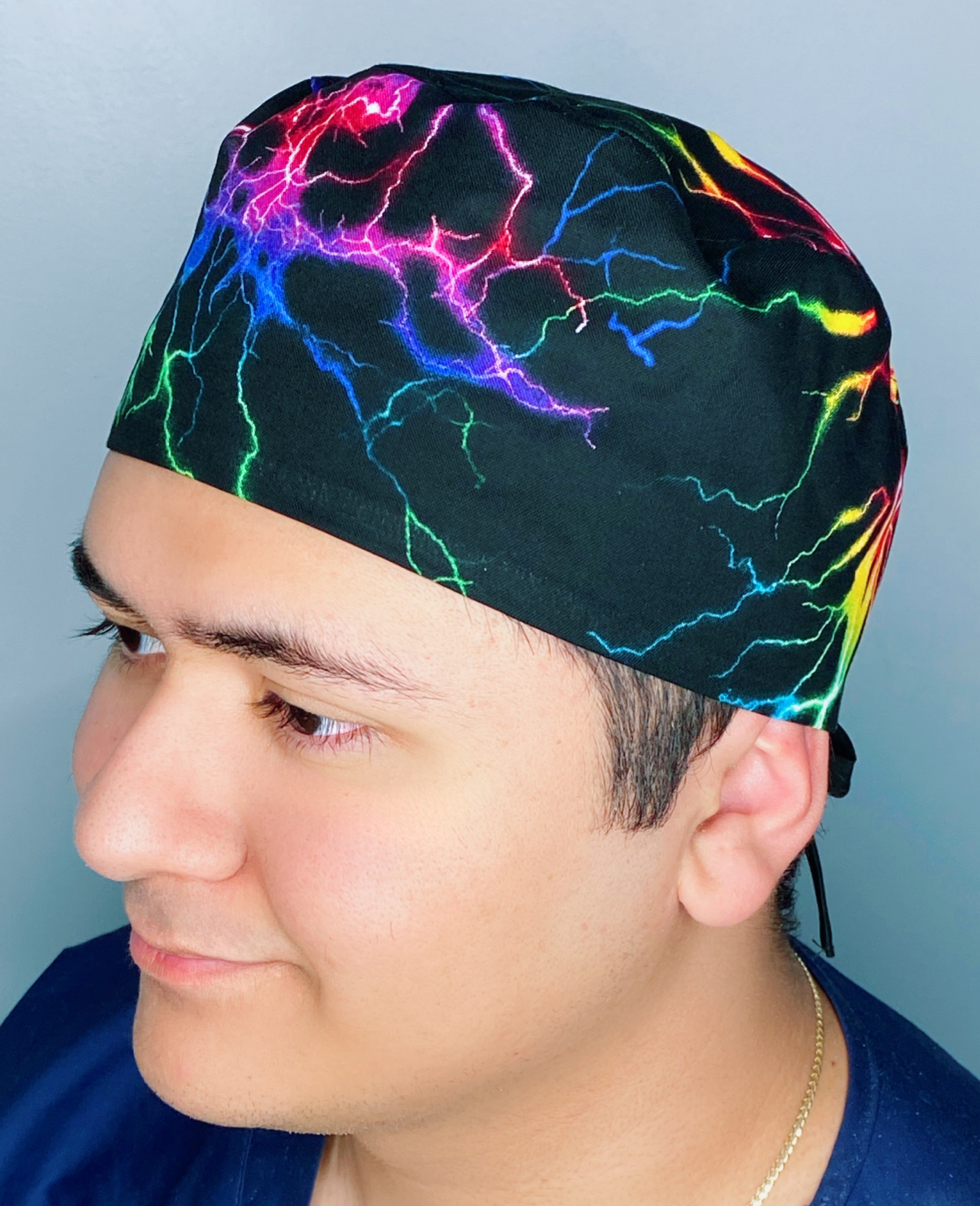 Rainbow Colorful Lightning on Black Design Unisex Cute Scrub Cap