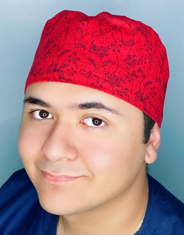Red Arabesque Floral Design Unisex Cute Scrub Cap