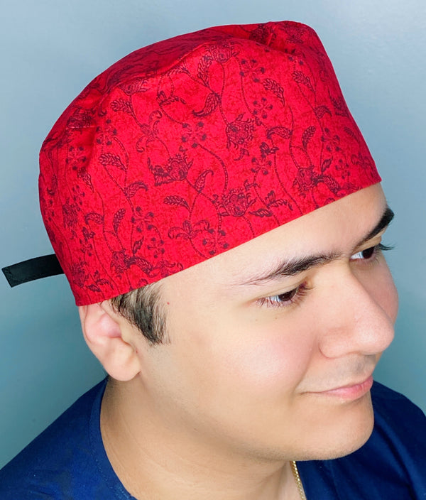 Red Arabesque Floral Design Unisex Cute Scrub Cap