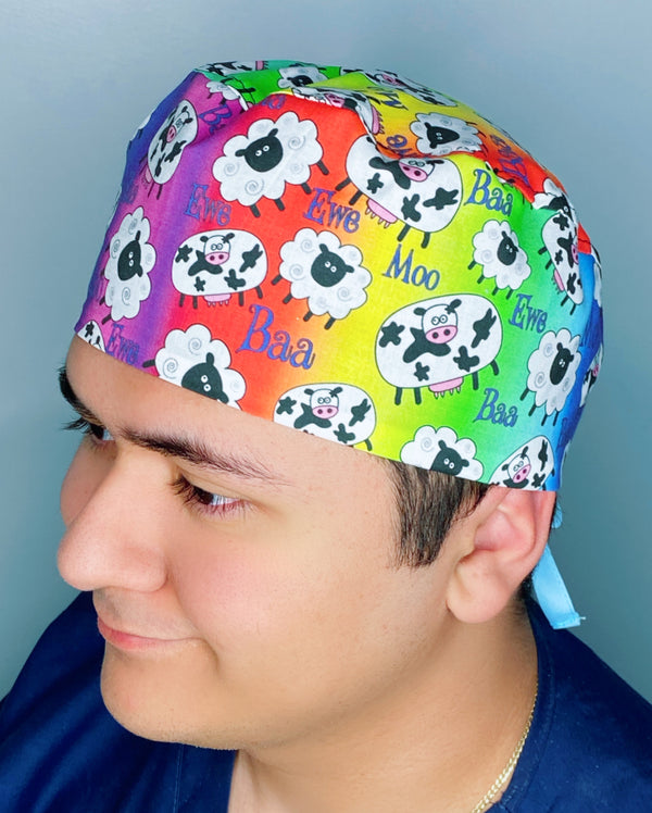 Colorful Rainbow Cows & Sheep Unisex Animal Scrub Cap