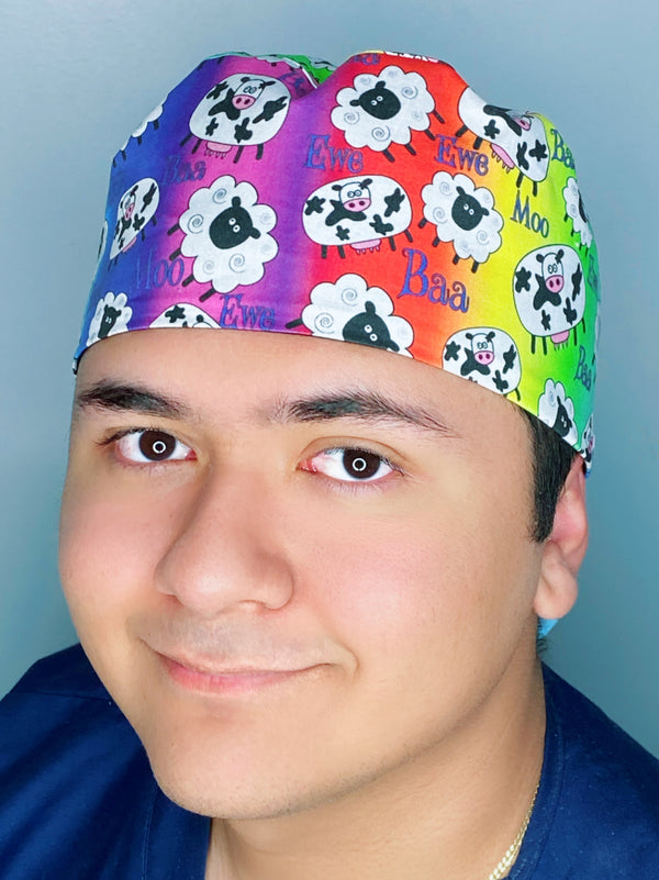 Colorful Rainbow Cows & Sheep Unisex Animal Scrub Cap