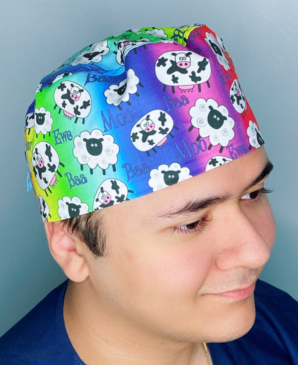 Colorful Rainbow Cows & Sheep Unisex Animal Scrub Cap