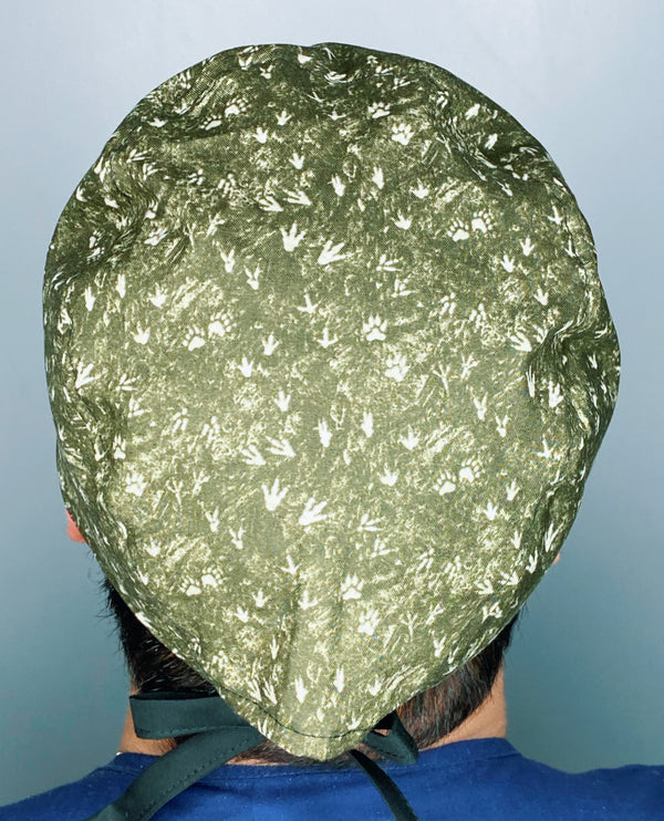 Dinosaurs Foot Prints on Hunter Green Unisex Animal Scrub Cap