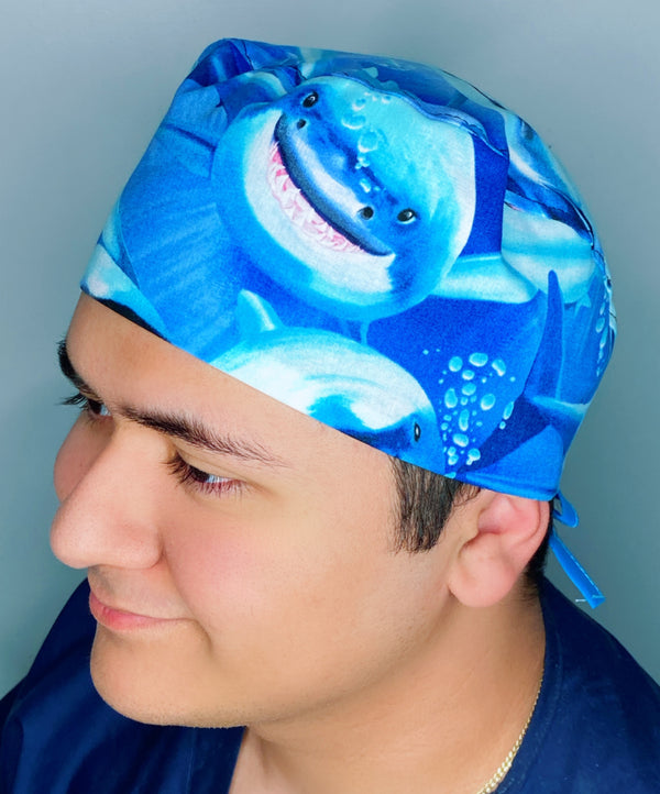 Smiling Sharks in Ocean Unisex Animal Scrub Cap