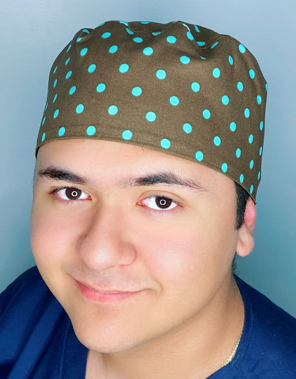 Blue Polka Dots on Brown Unisex Fancy Scrub Cap