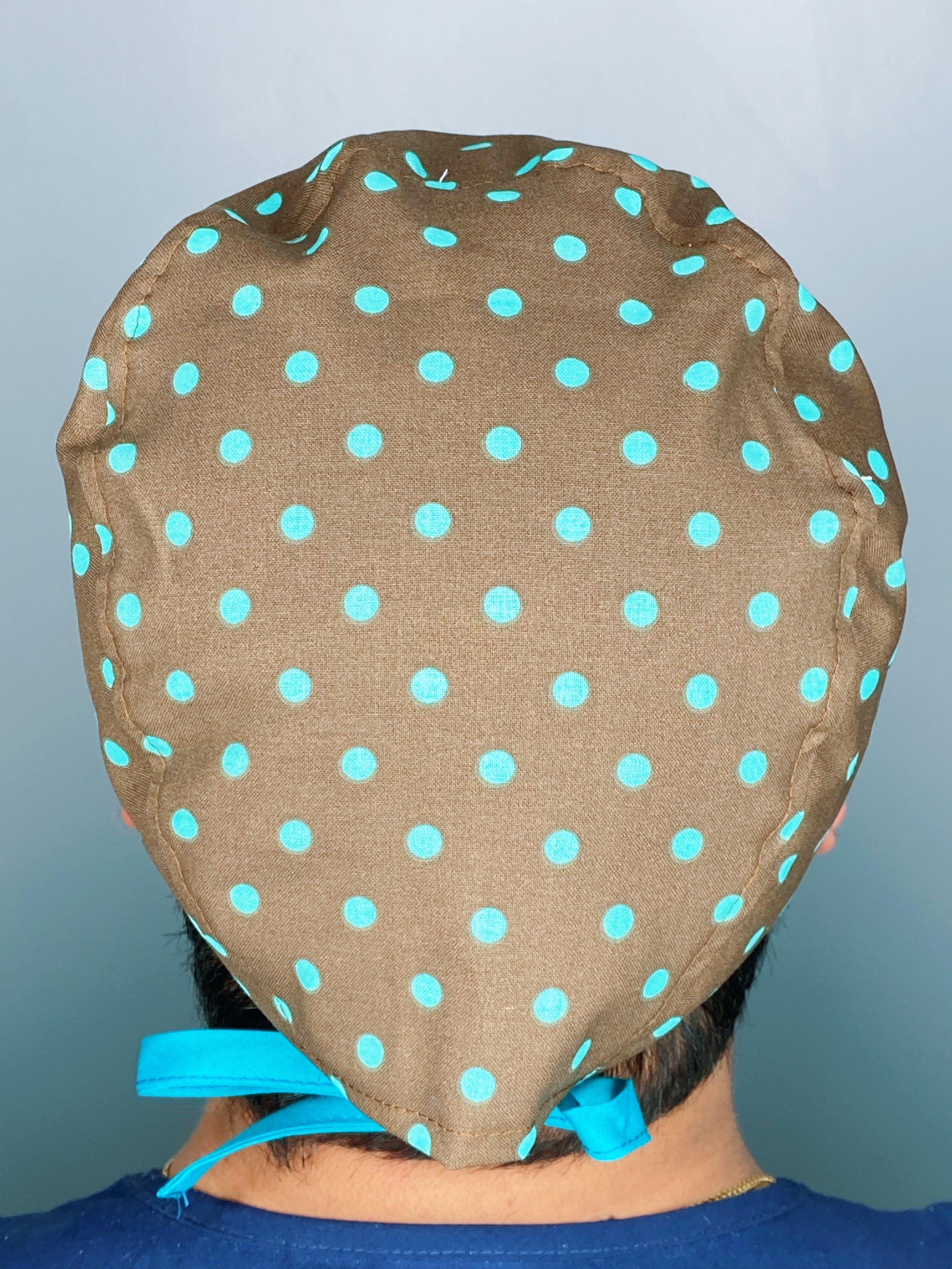 Blue Polka Dots on Brown Unisex Fancy Scrub Cap