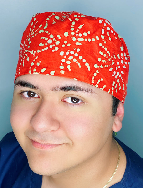 Lime Green Polka Dots on Bright Orange Tie Dye Design Unisex Cute Scrub Cap