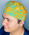 Aqua Polka Dots on Mustard Tie Dye Design Unisex Cute Scrub Cap