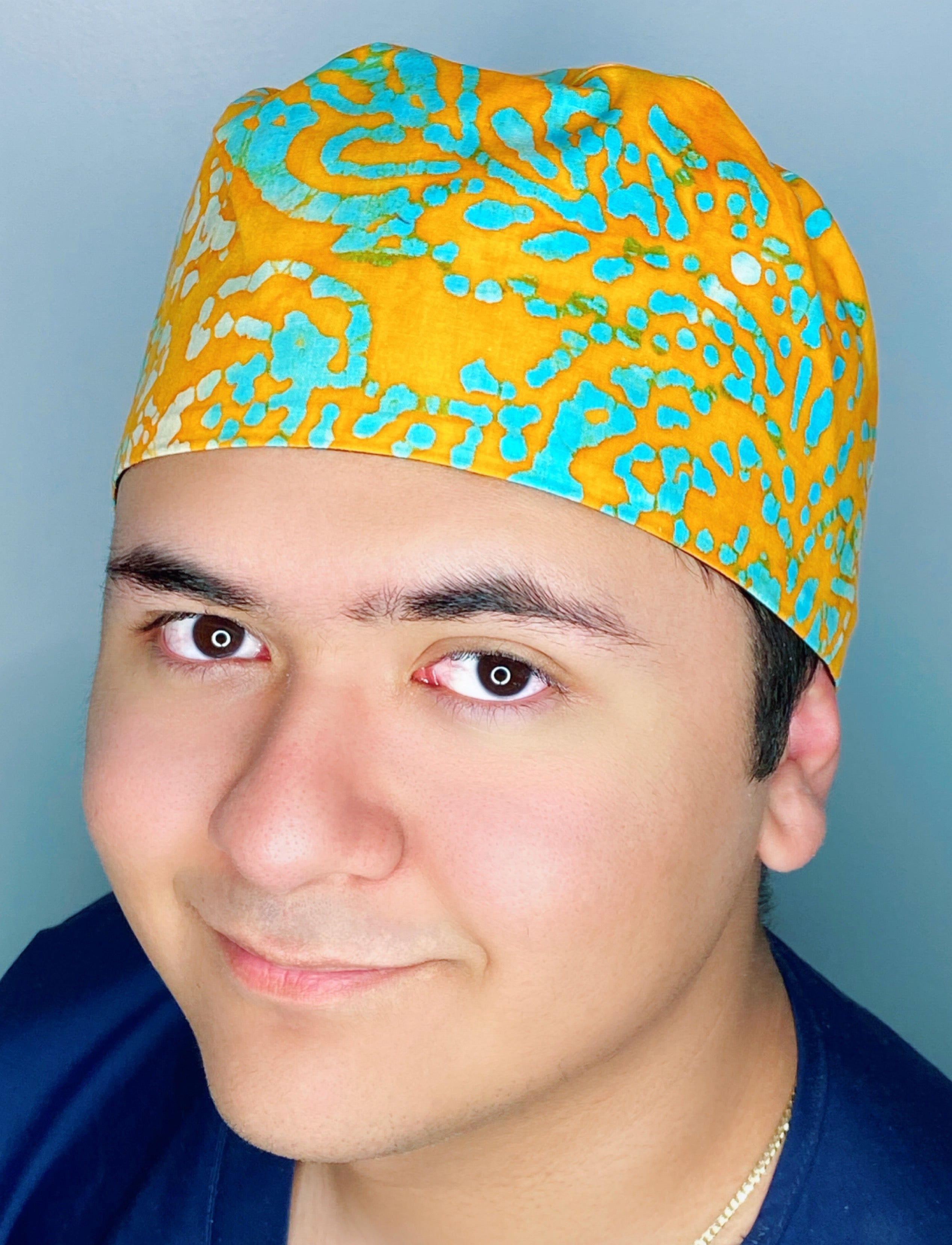 Aqua Polka Dots on Mustard Tie Dye Design Unisex Cute Scrub Cap