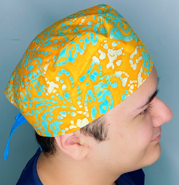 Aqua Polka Dots on Mustard Tie Dye Design Unisex Cute Scrub Cap