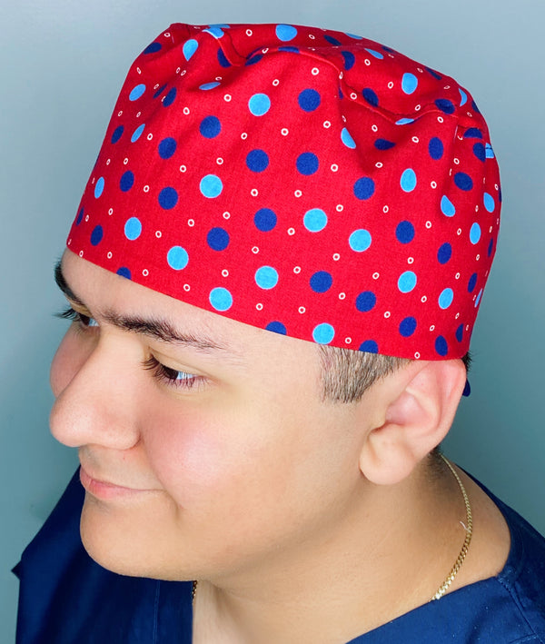 Blue Polka Dots on Red Unisex Cute Scrub Cap