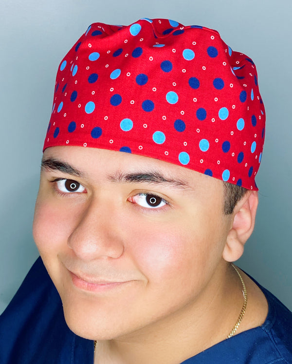 Blue Polka Dots on Red Unisex Cute Scrub Cap