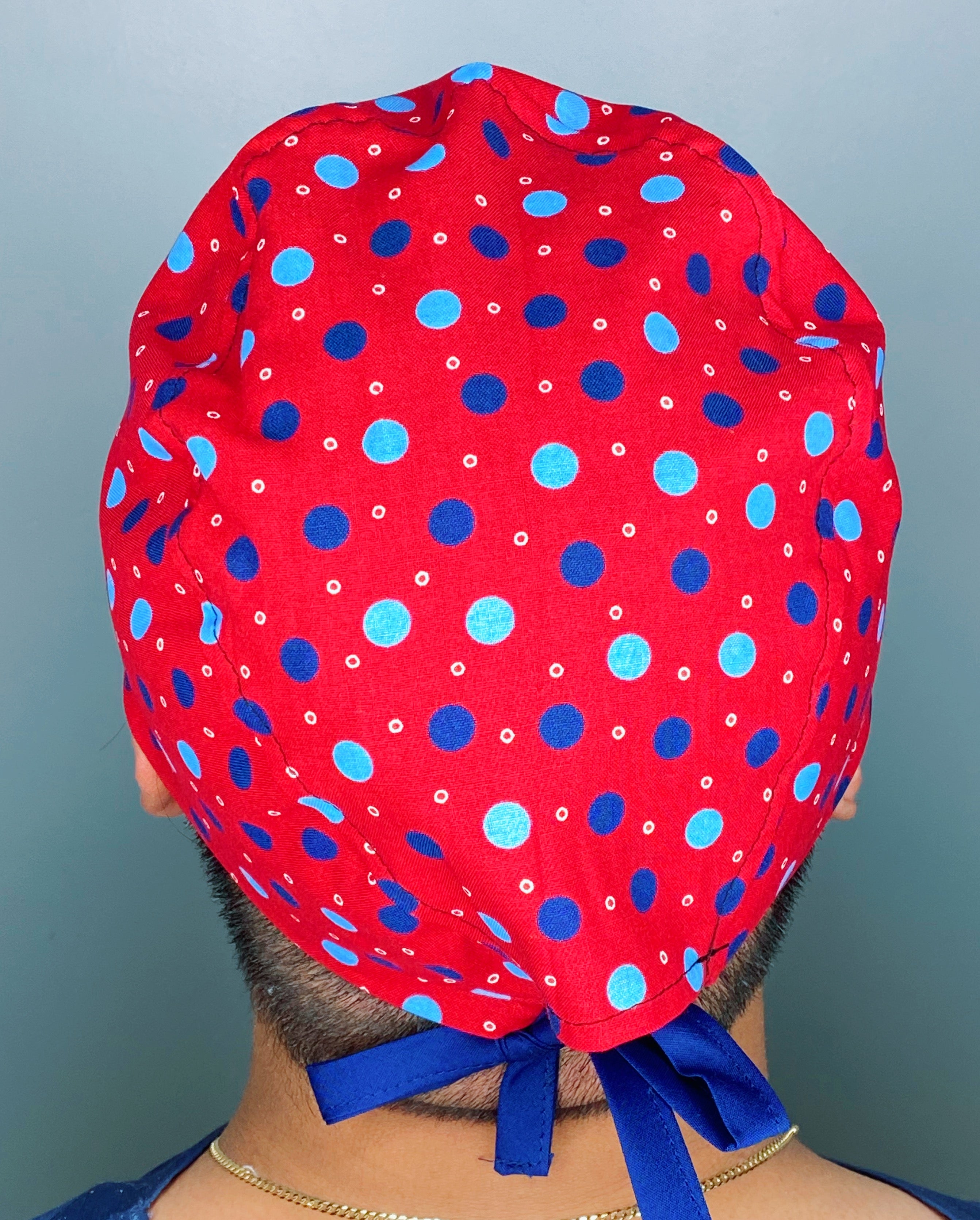 Blue Polka Dots on Red Unisex Cute Scrub Cap