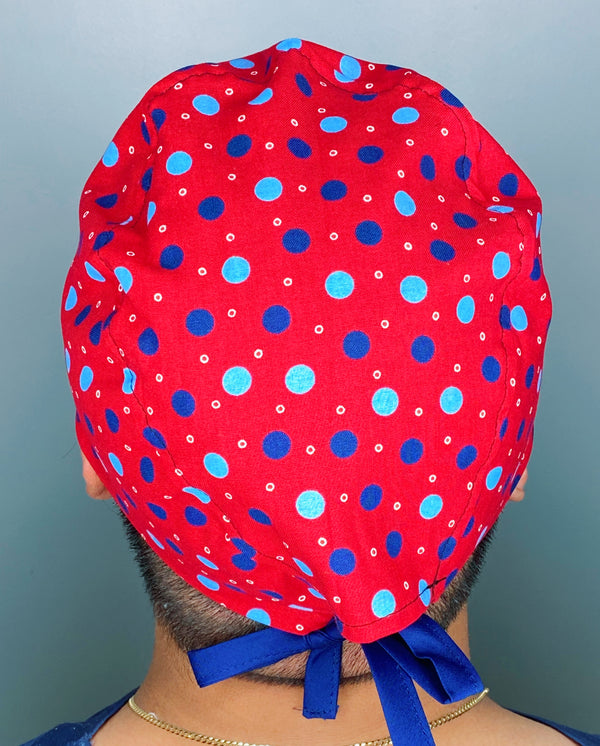Blue Polka Dots on Red Unisex Cute Scrub Cap
