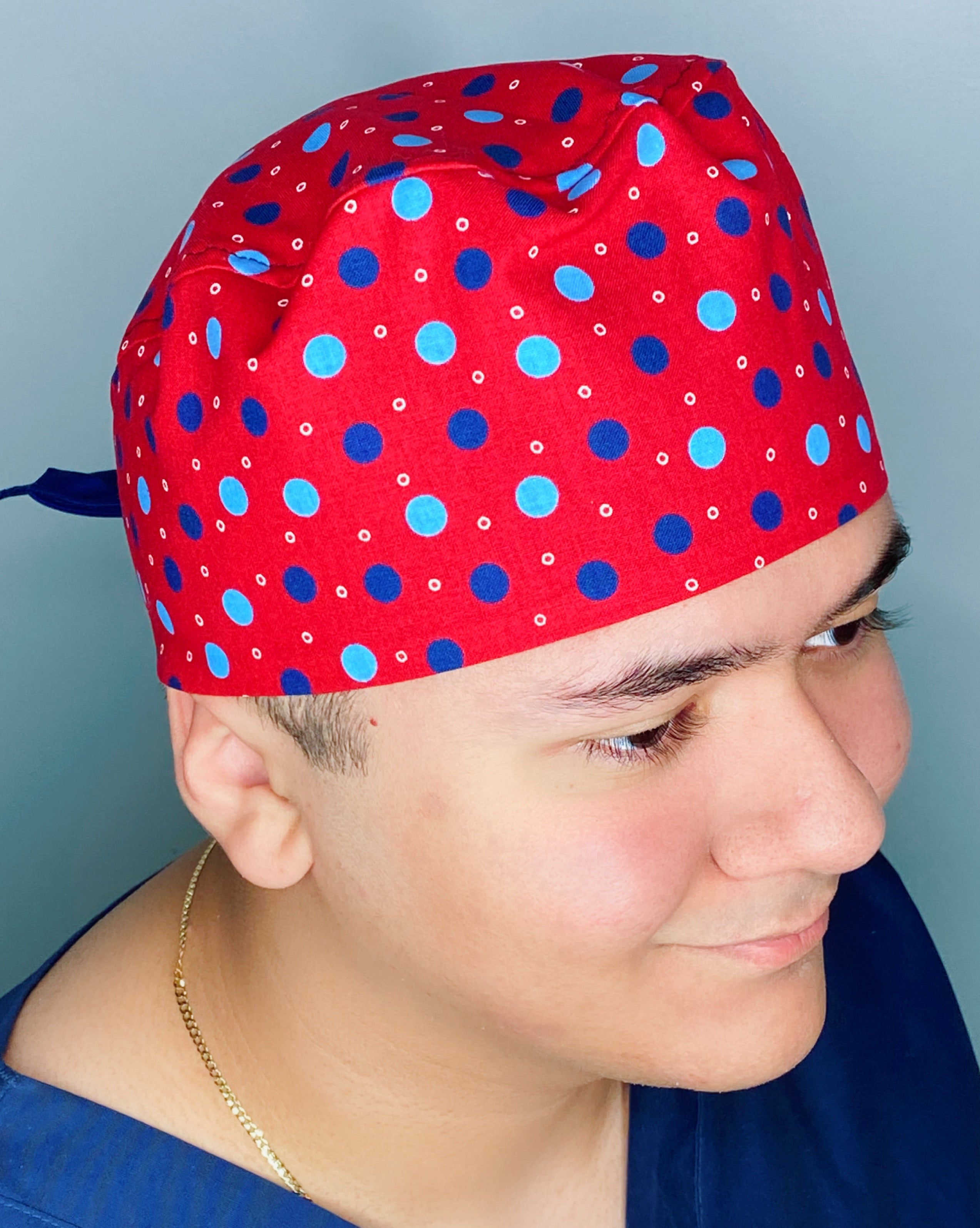 Blue Polka Dots on Red Unisex Cute Scrub Cap