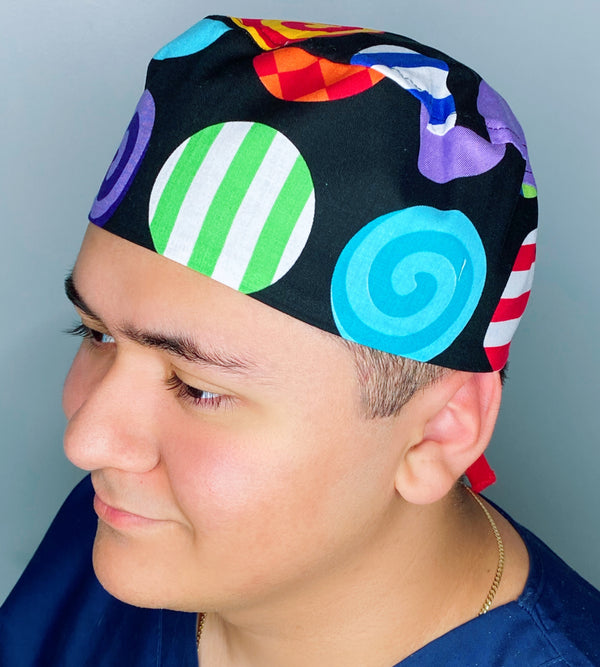 Big Colorful Funky Polka Dots on Black Unisex Cute Scrub Cap