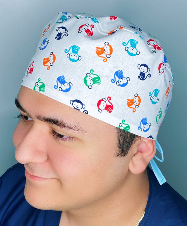 Cute Colorful Monkeys on White Unisex Animal Scrub Cap