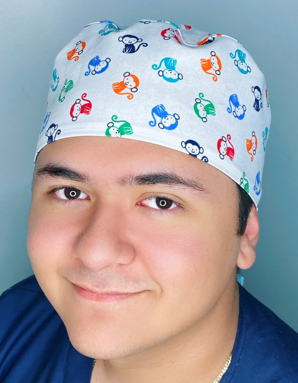 Cute Colorful Monkeys on White Unisex Animal Scrub Cap