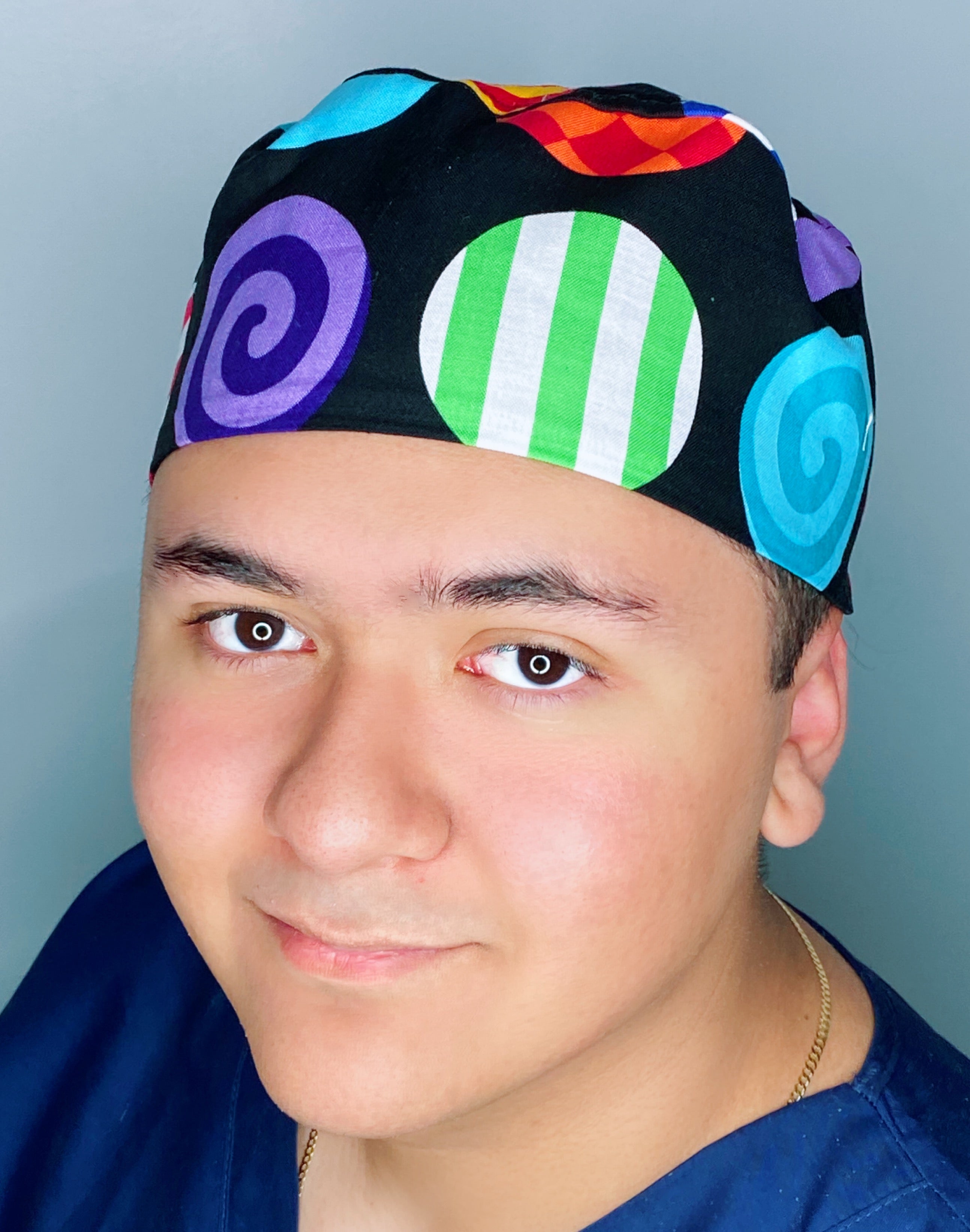 Big Colorful Funky Polka Dots on Black Unisex Cute Scrub Cap